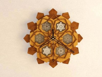 Wall Clock. Multilayered, wooden wall clock with laser etched sacred geometry symbols (Metatron's Cube).