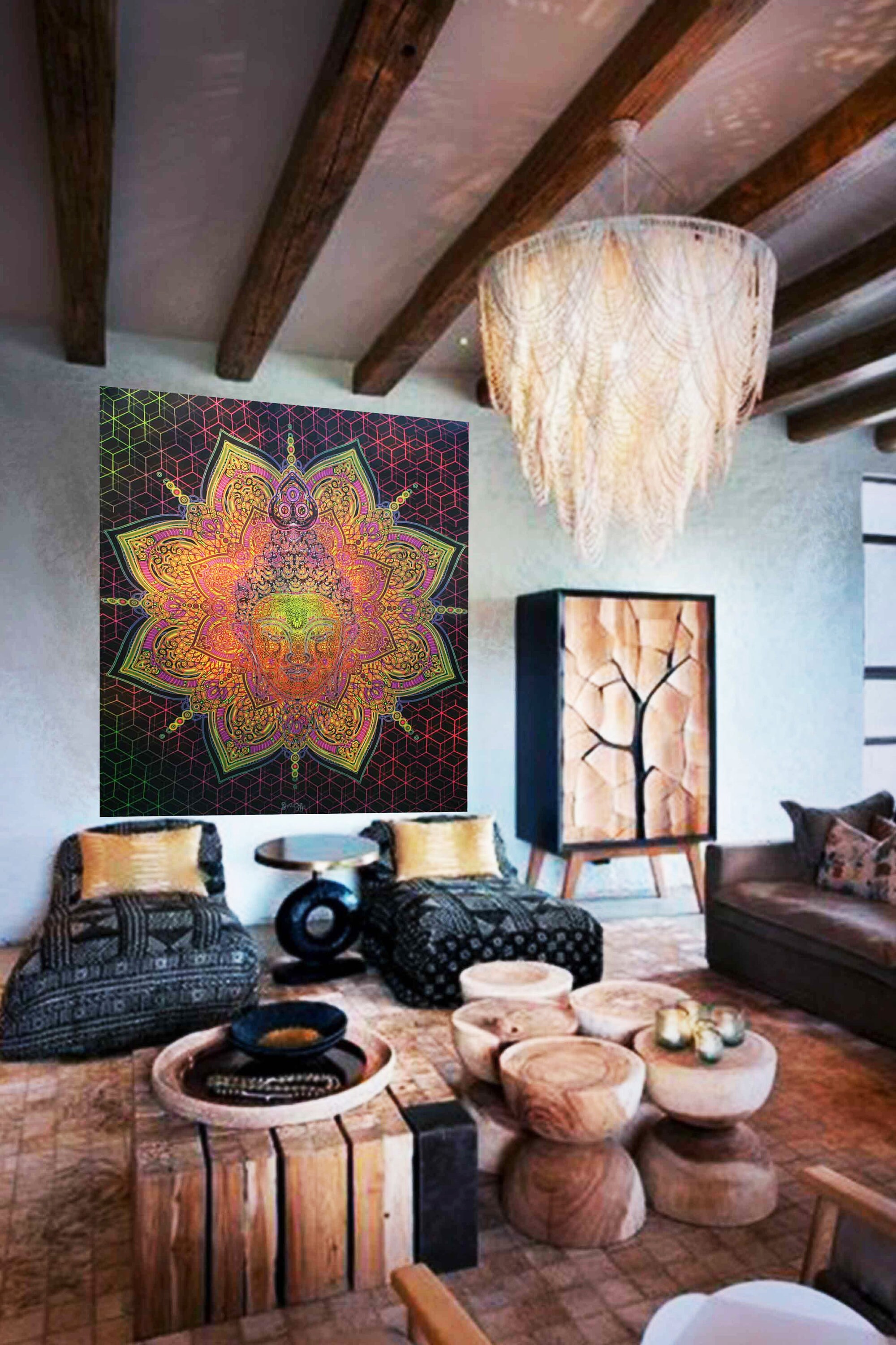 Buddha UV Psychedelic Lycra Backdrop, Yoga Meditation, Psychedelic tapestry, Fluorescent shamanic digital art - Image 5