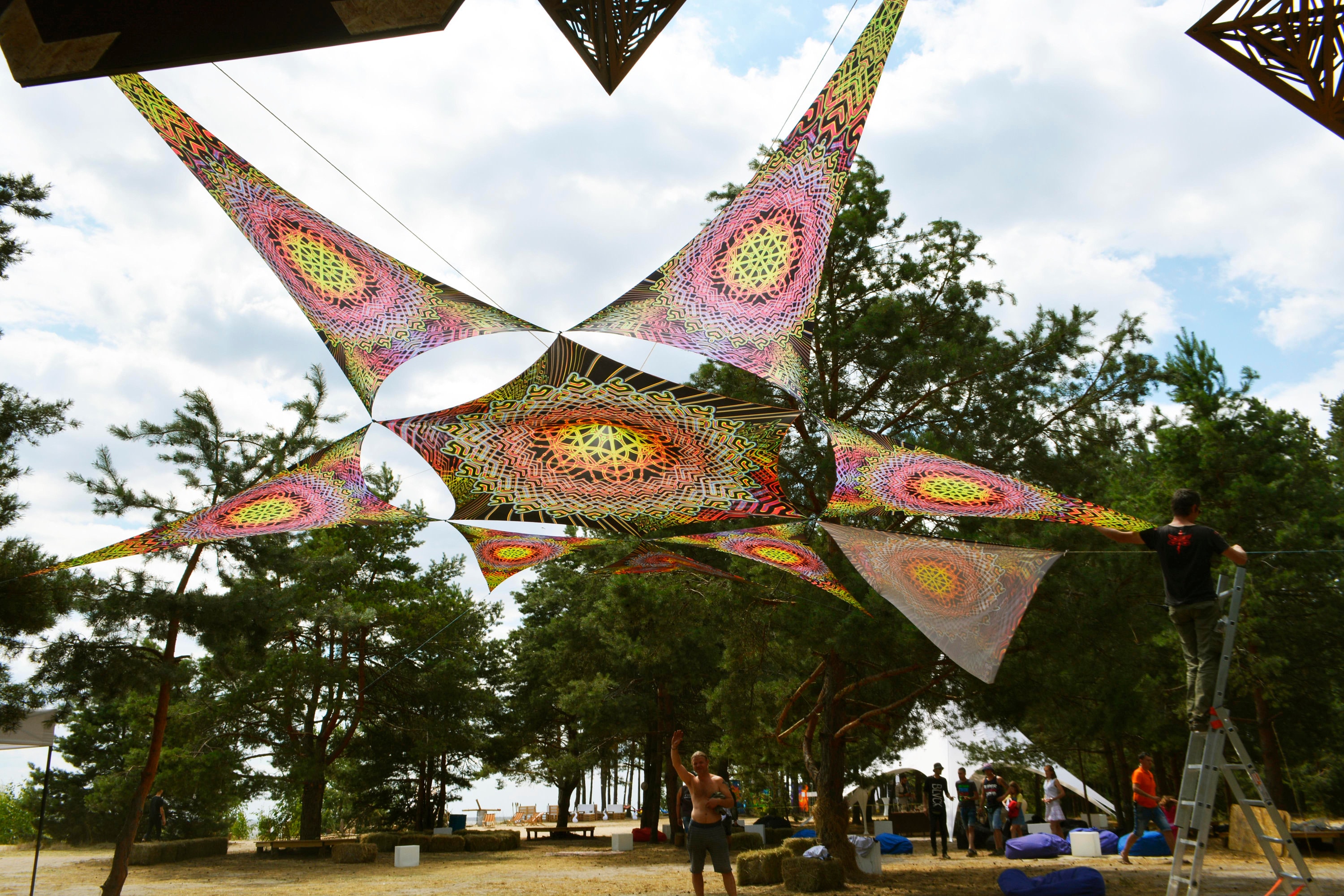 8.6x8.6 m UV Reactive festival Ceiling Decoration canopy Flower Of Life ORANGE medium star Festival set decor Psytrance Party Fluorescent - Image 3