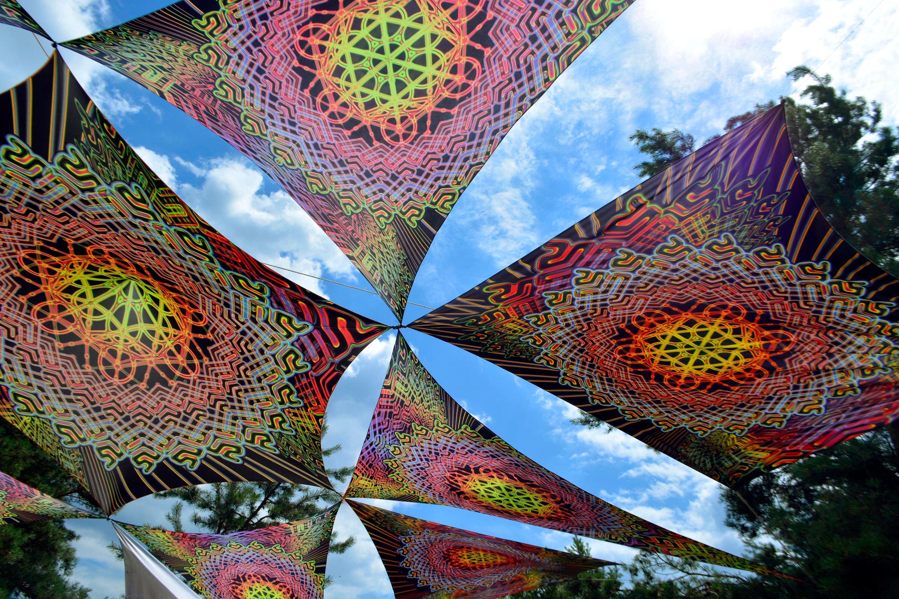 8.6x8.6 m UV Reactive festival Ceiling Decoration canopy Flower Of Life ORANGE medium star Festival set decor Psytrance Party Fluorescent - Image 6