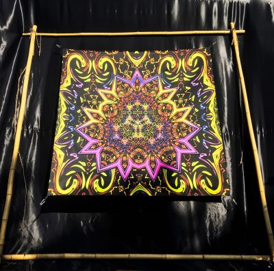 UV reactive backdrop, Lotos tapestry, psychedelic poster, wall hanging trance, trippy psy blacklight, futuristic visionary art, neon light