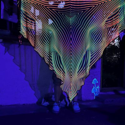 Neon Sign Art DJ Stages, Mesh Triangle Print 3D Installation, Blacklight Spiritual Tapestry, fractal Fabric Poster Aesthetic