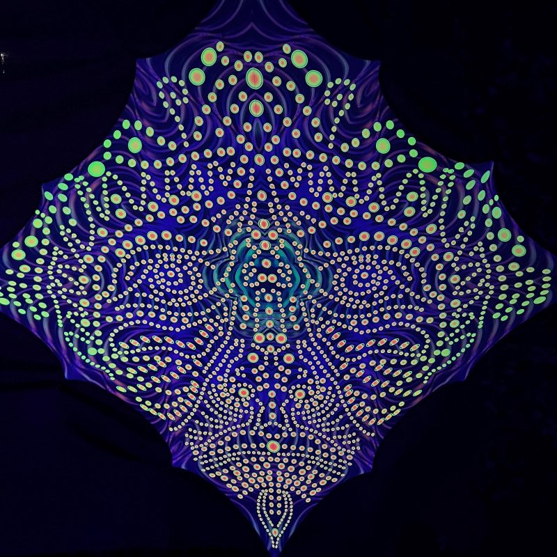 Psychedelic Black light Tapestry, Pixel Face Art Decor, Abstract Shamanic Print on Lycra for Glow Aesthetic Spaces