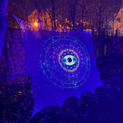 1 Layer Installations with Mesh, 3D Eye, UV Fluorescent Psychedelic Backdrop Tapestry, Fabric Aesthetic Poster