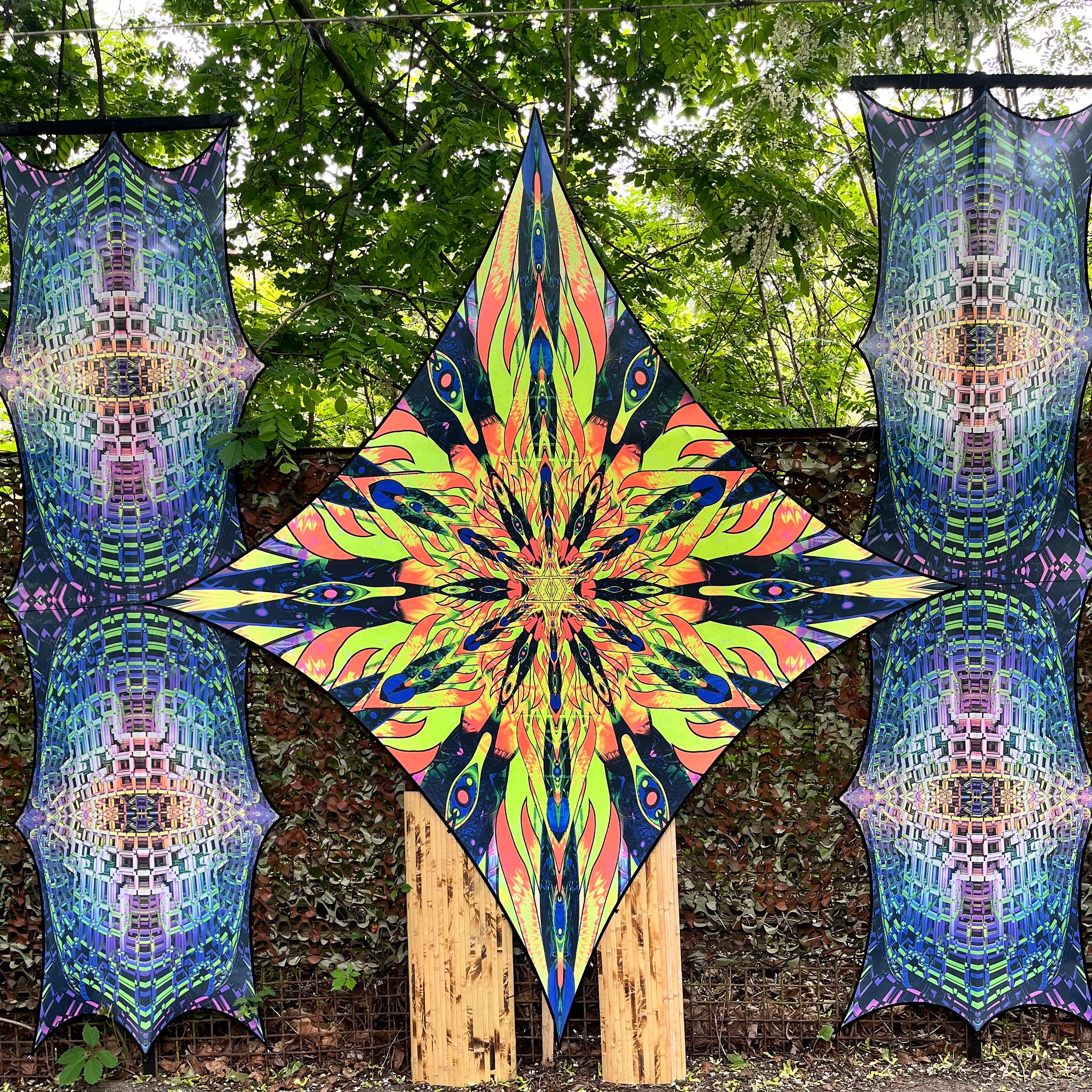Glow in the Dark Party Tapestry, UV Reactive Backdrop, Sacred Geometry Wall Art, Trippy Mesh Fabric Decor, Psychedelic Festival Print