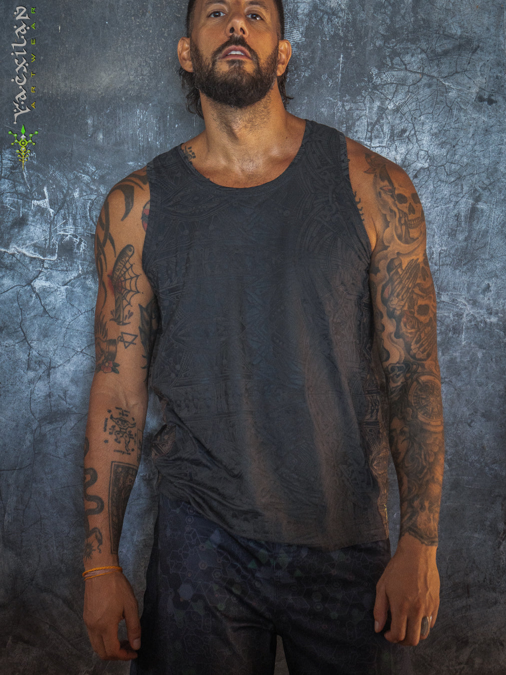 A-Tank Men / Organic Bamboo Jersey Veg Dye Veg Print - Charcoal POPPYFIELDS