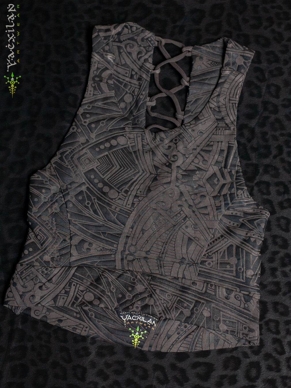 Crop Top ZigZag Drawstring / Bamboo Veg Dye Veg Print - CHARCOAL POPPYFIELDS