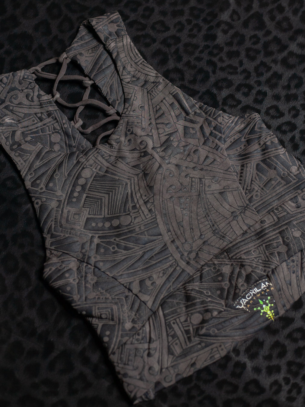 Crop Top ZigZag Drawstring / Bamboo Veg Dye Veg Print - CHARCOAL POPPYFIELDS - Image 4