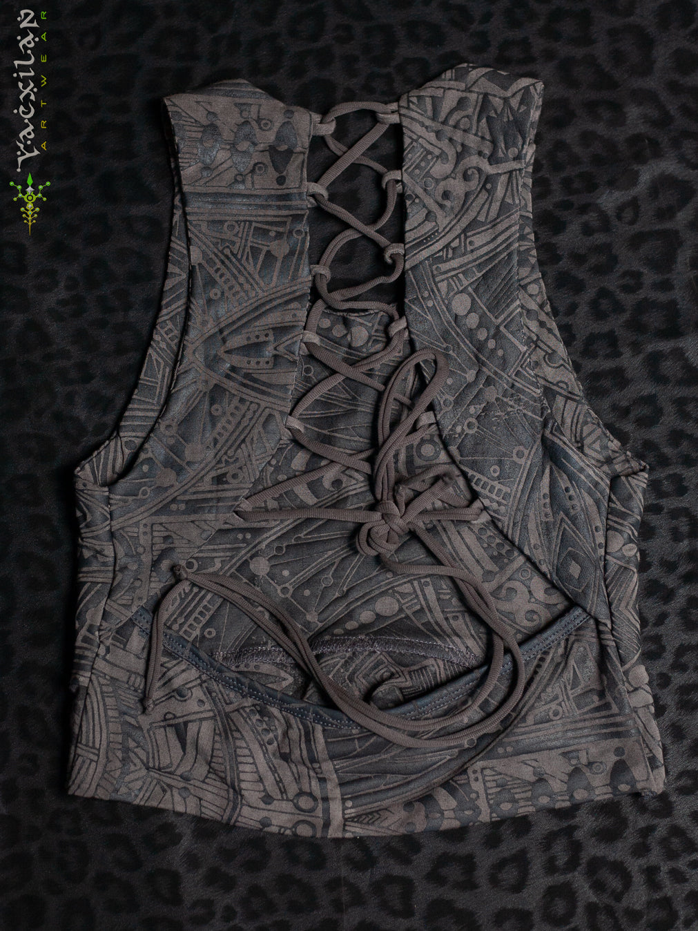Crop Top ZigZag Drawstring / Bamboo Veg Dye Veg Print - CHARCOAL POPPYFIELDS - Image 5