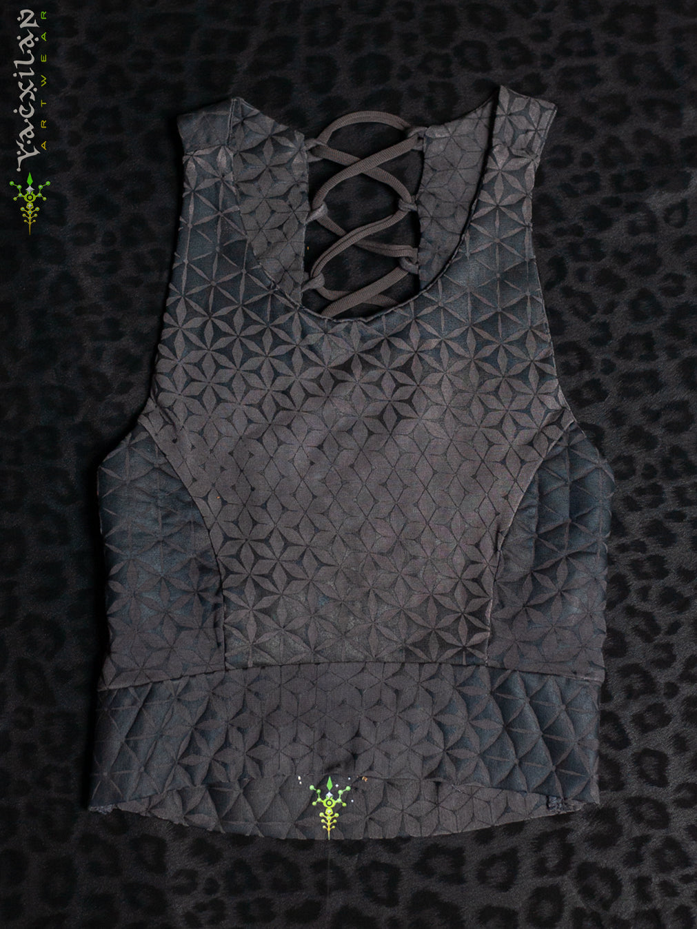 Crop Top ZigZag Drawstring / Bamboo Veg Dye Veg Print - CHARCOAL SANDSOTIME