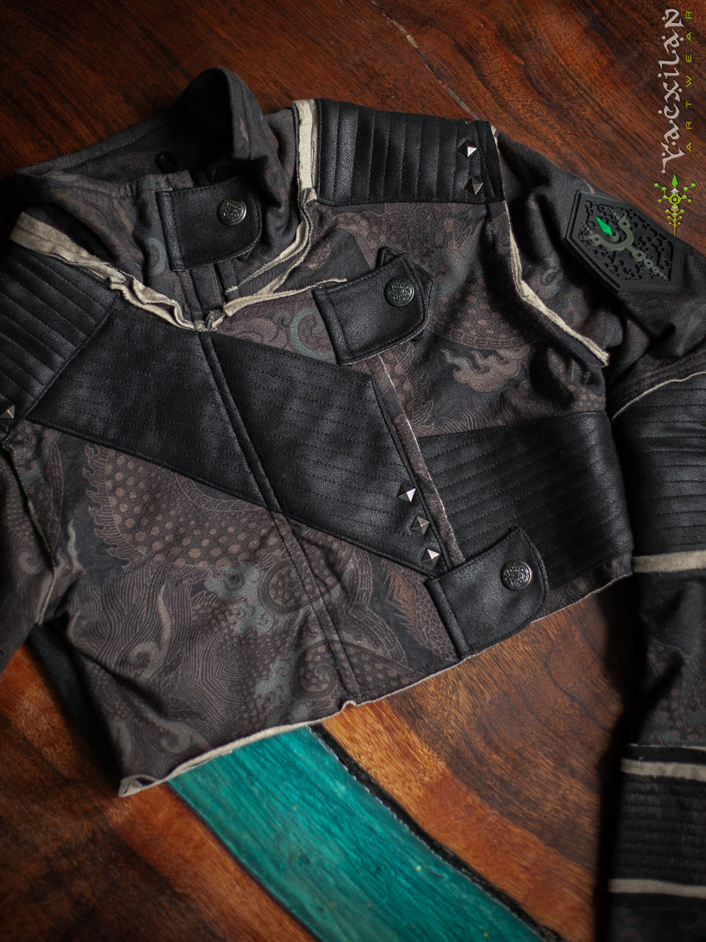 Alternative view of Crop Jacket Woman Neotokyo Punk  / Cotton Looper Fake Leather - DRAGONS