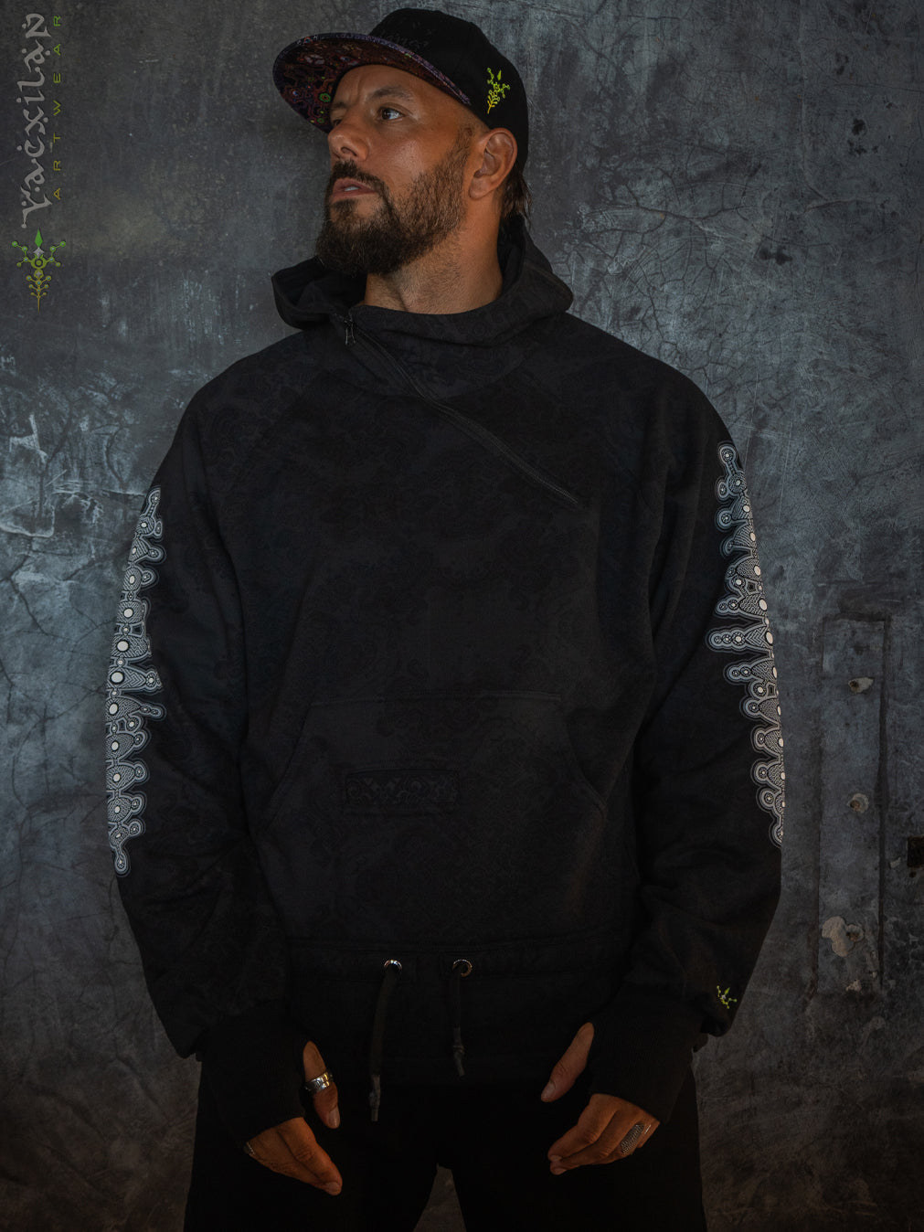 Hoodie Men Pullover / Cotton Fleece - MAYAN CODEX GALACTIK SPINE