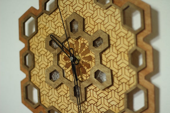 Wooden, multilayered laser cut wall clock with geometric patterns coming in a wooden, personalised box - Image 6
