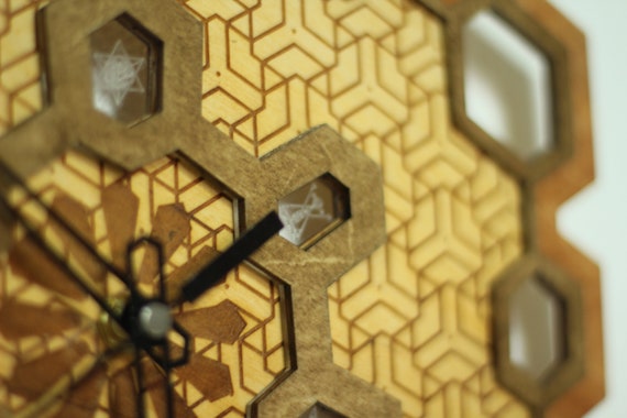Wooden, multilayered laser cut wall clock with geometric patterns coming in a wooden, personalised box - Image 7
