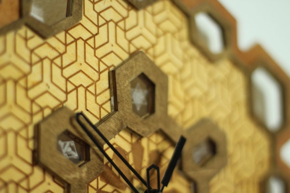 Wooden, multilayered laser cut wall clock with geometric patterns coming in a wooden, personalised box - Image 8