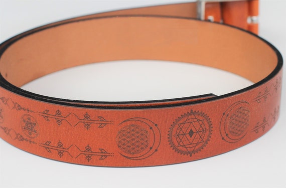 Alternative view of Leather Flower of Life Belt | Brown Sacred Geometry Waistband