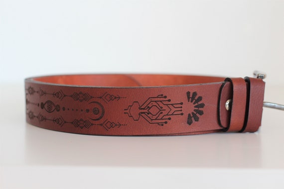 Alternative view of Leather Flower of Life Belt | Unisex Belts | Sacred Geometry | Brown Molecule Waistband | Psy Wear