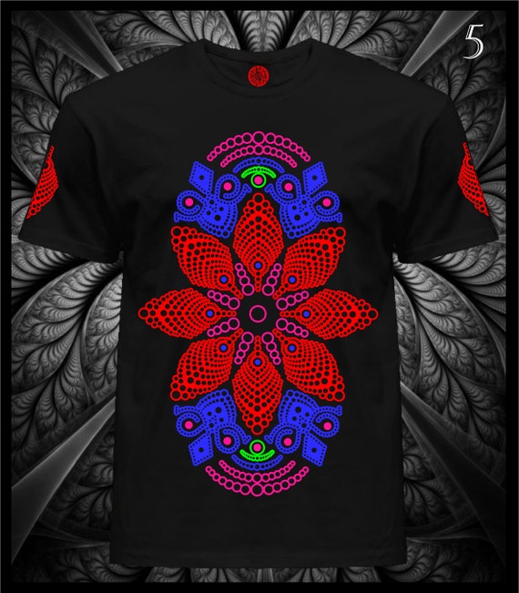 UV Psytrance T-Shirt: Fluorescent Dot Mandala, Blacklight Reactive - Image 4