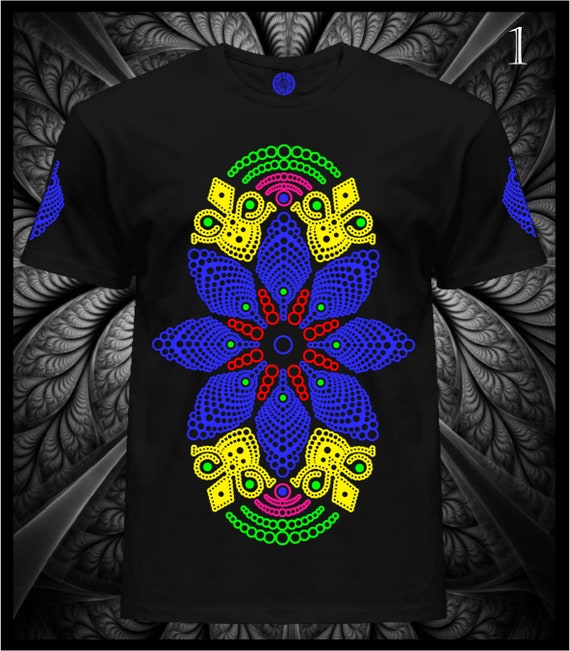 Alternative view of UV Psytrance T-Shirt: Fluorescent Dot Mandala, Blacklight Reactive