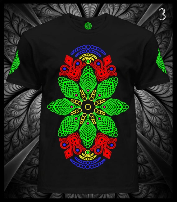 UV Psytrance T-Shirt: Fluorescent Dot Mandala, Blacklight Reactive