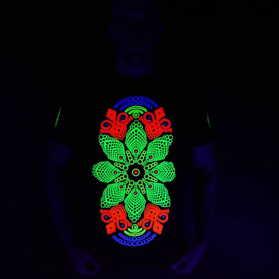 UV Psytrance T-Shirt: Fluorescent Dot Mandala, Blacklight Reactive - Image 5