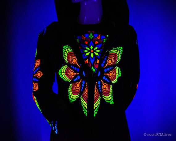 Hand Decorated UV Crop Top - "PsyMandal" | Reactive in UV blacklight | - Image 4