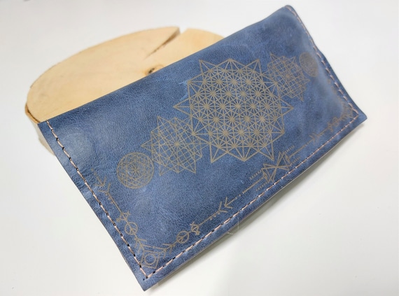 Tobacco Pouch With Engraved 64 Star | Blue Leather Personalized Rolling Bag