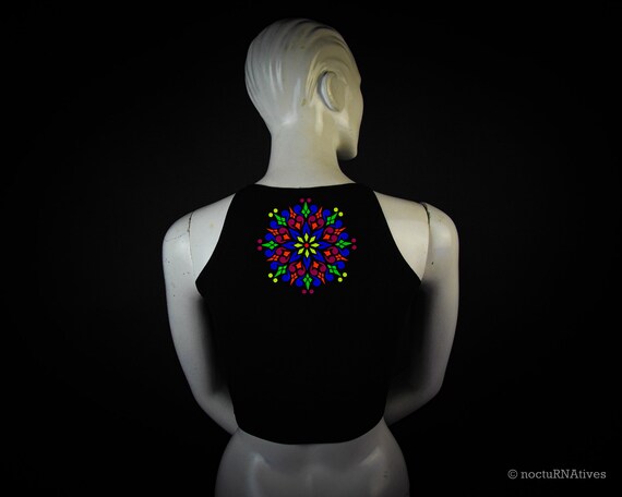 Hand Decorated UV Crop Top - "PsyMandal" | Reactive in UV blacklight | - Image 7