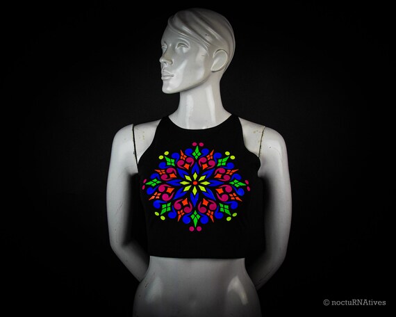 Hand Decorated UV Crop Top - "PsyMandal" | Reactive in UV blacklight | - Image 6