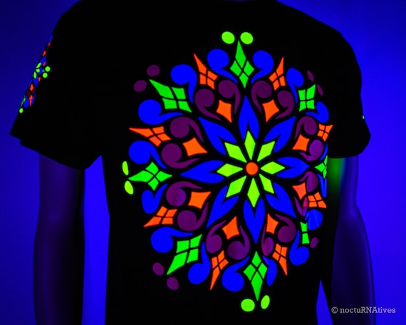 Hand Decorated UV T-shirt - "PsyMandal" | Reactive in UV blacklight |