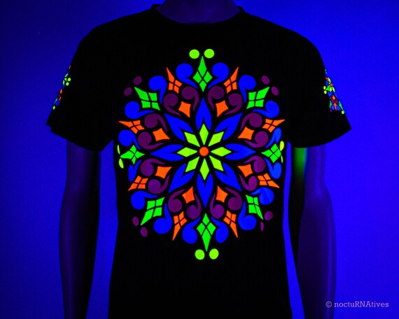 Alternative view of Hand Decorated UV T-shirt - "PsyMandal" | Reactive in UV blacklight |
