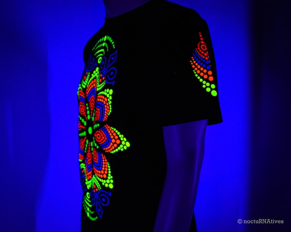 Alternative view of Hand Decorated UV T-Shirt "Dot Mandala"| Reactive in UV blacklight |