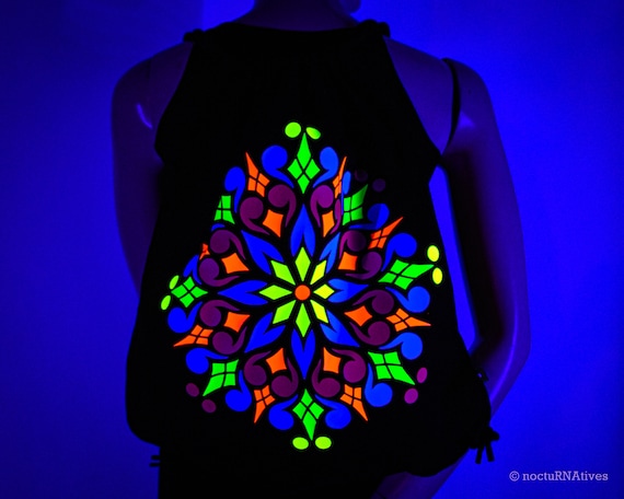 Hand Decorated UV BackPack - "PsyMandal"| Reactive in UV blacklight |