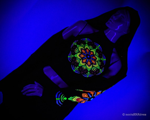 Alternative view of Hand Decorated Women's Long Hoodie "Dot Mandala" | Reactive in UV blacklight |