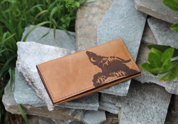 Leather Wolf Tobacco Pouch | Brown Personalised Rolling Case | Smoking Accessory