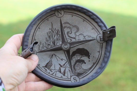Leather Rolling Pouch: Engraved Compass, Herb & Tobacco Mix Bowl