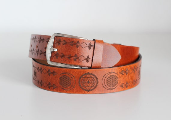 Leather Flower of Life Belt | Brown Sacred Geometry Waistband