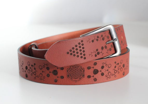 Leather Flower of Life Belt | Unisex Belts | Sacred Geometry | Brown Molecule Waistband | Psy Wear
