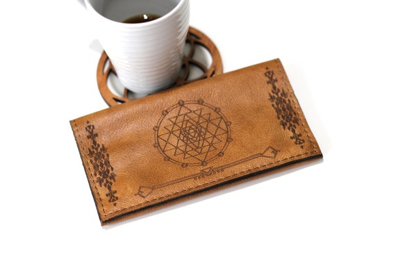 Leather Tobacco Pouch With Engraved Sri Yantra | Brown Rolling Bag | Personalized