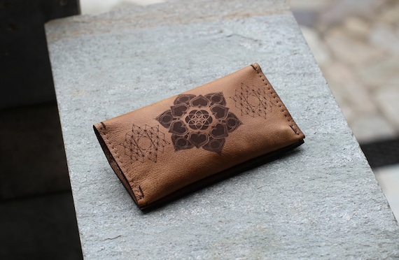 Alternative view of Genuine Leather Tobacco Pouch with Engraved Mandala, Personalised Handcrafted Rolling Cigarettes Case