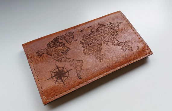 Engraved World Map Leather Tobacco Pouch, Rolling Cigarettes Case