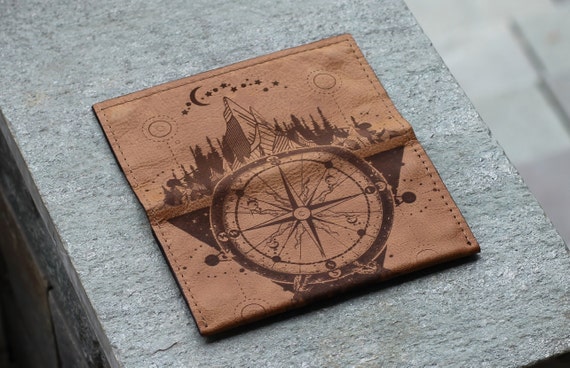 Leather Tobacco Pouch with Laser Engraved Mountain Compass | Personalised Rolling Bag | Smoking Accessory