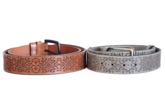 Leather Belt with Laser-Engraved Shipibo Art: Unisex Boho Waistband