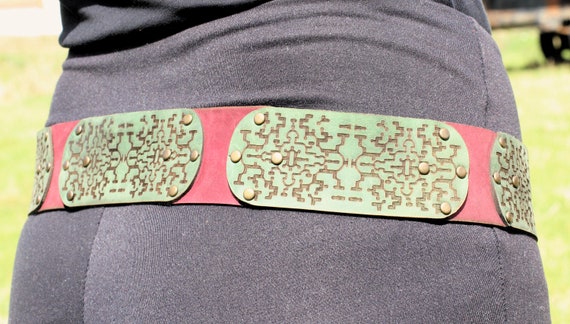 Shipibo Leather Belt: Steampunk Boho Waistband, Burning Man Clothing - Image 9