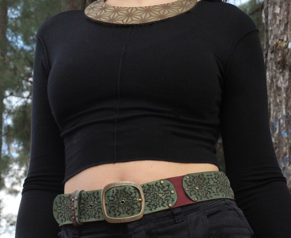 Shipibo Leather Belt: Steampunk Boho Waistband, Burning Man Clothing - Image 3