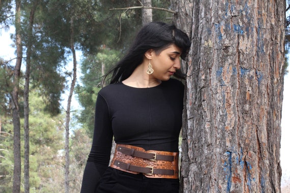 Leather Corset Belt: Wide Brown Shipibo Engraved Boho Waistband