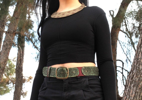 Shipibo Leather Belt: Steampunk Boho Waistband, Burning Man Clothing - Image 4