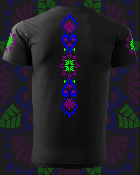 Alternative view of Hand Decorated UV T-Shirt "Leaves Mandala"| Reactive in UV blacklight |
