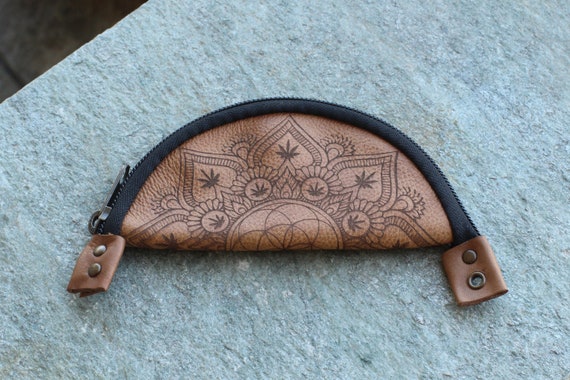 Alternative view of Leather Rolling Pouch With Mandala| Brown Herb and Tobacco Mix Bowl | Portable Weed Tray
