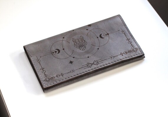 Laser Engraved Leather Tobacco Pouch: Wolf Moon Design